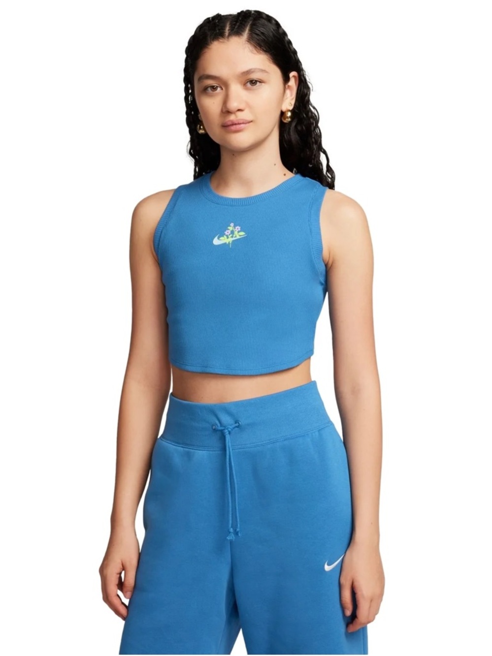 Nike Blue Ribbed Floral Swoosh Crop Tank